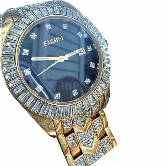 Elgin Gold Tone Watch with Crystal Accents & Black Dial – Needs Battery - Picture 3 of 17